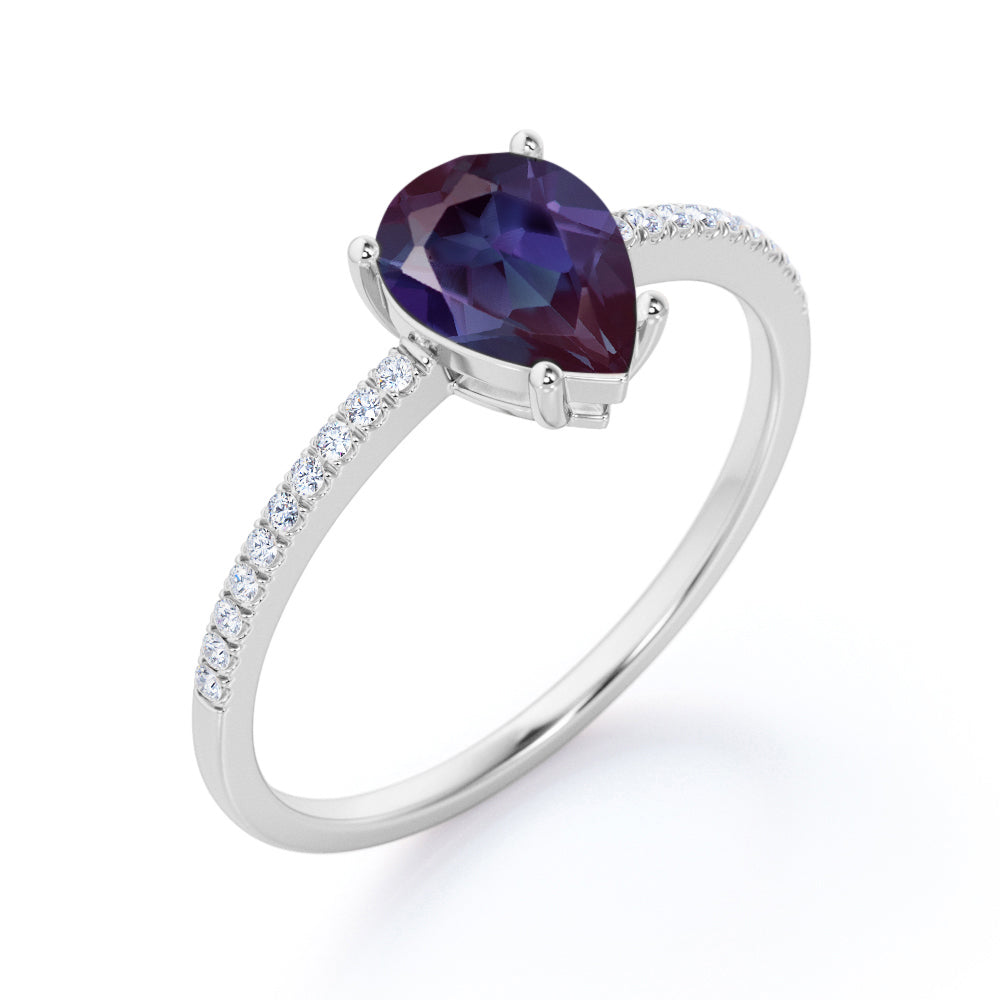 Classic 1.25 carat Pear cut Alexandrite and diamond eternity engagement ring in White gold