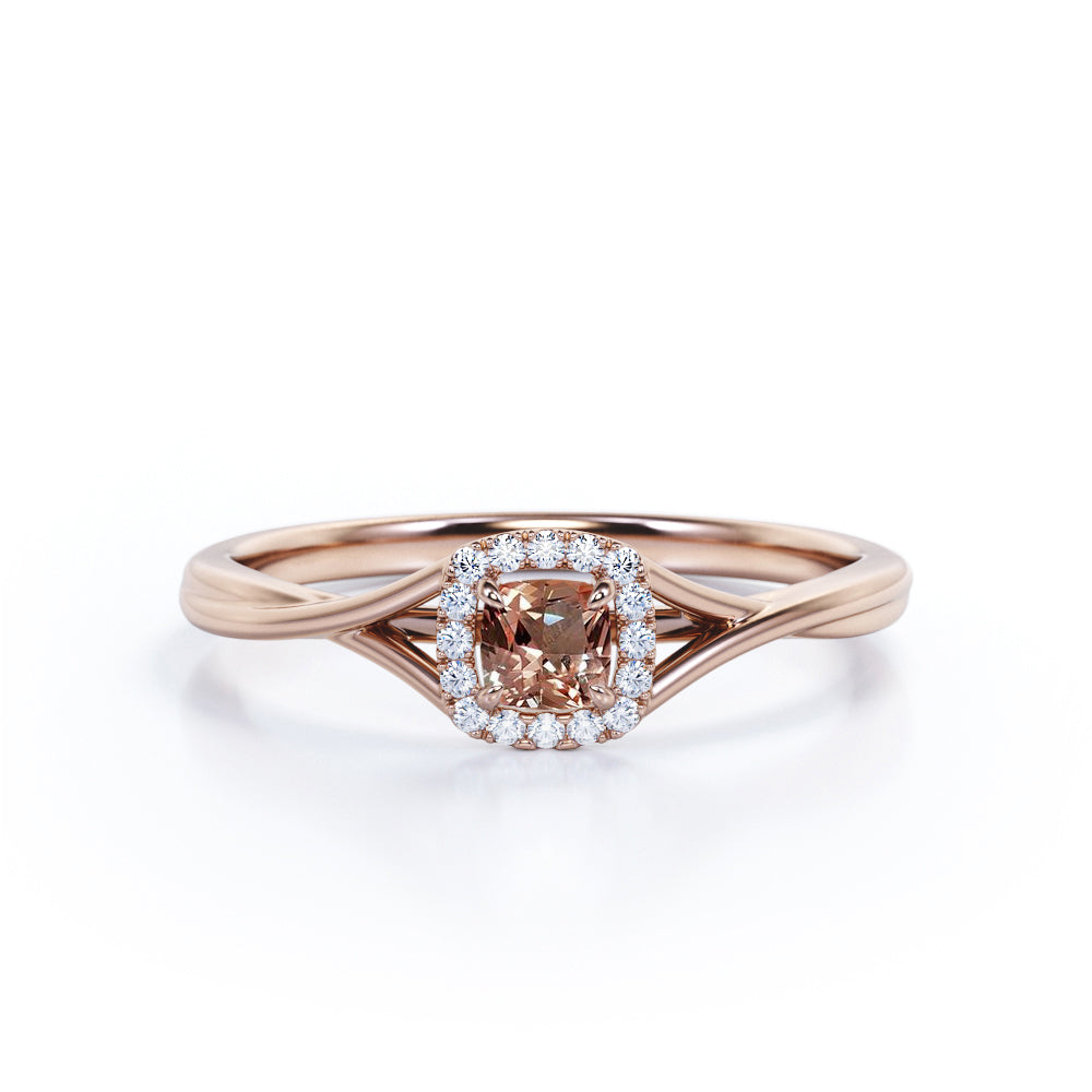 Art Deco Twisted Shank 0.65 carat Cushion cut Peach Morganite and diamond halo engagement ring in Rose gold