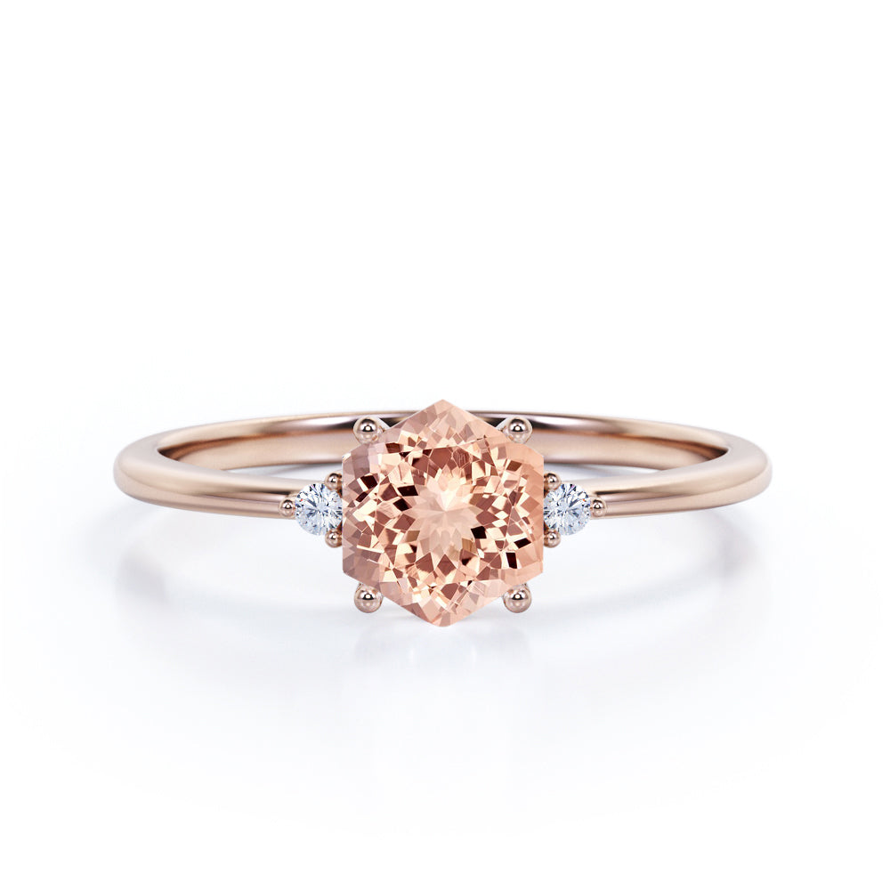 Asymmetrical Trilogy 0.55 carat Hexagon Morganite and diamond 3 stone Radhes