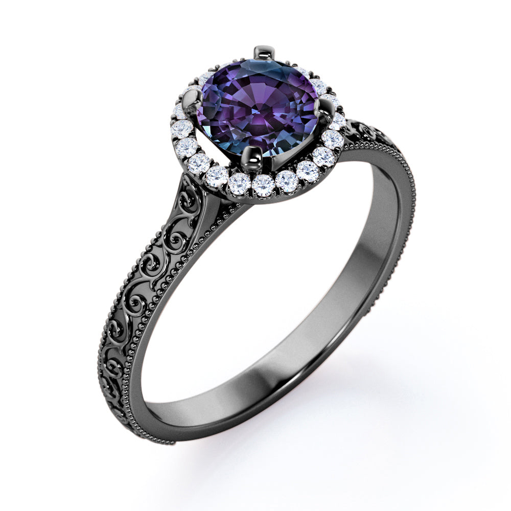 Artistic art deco 1.25 carat Round cut Alexandrite and diamond filigree and milgrain engagement ring in Black gold