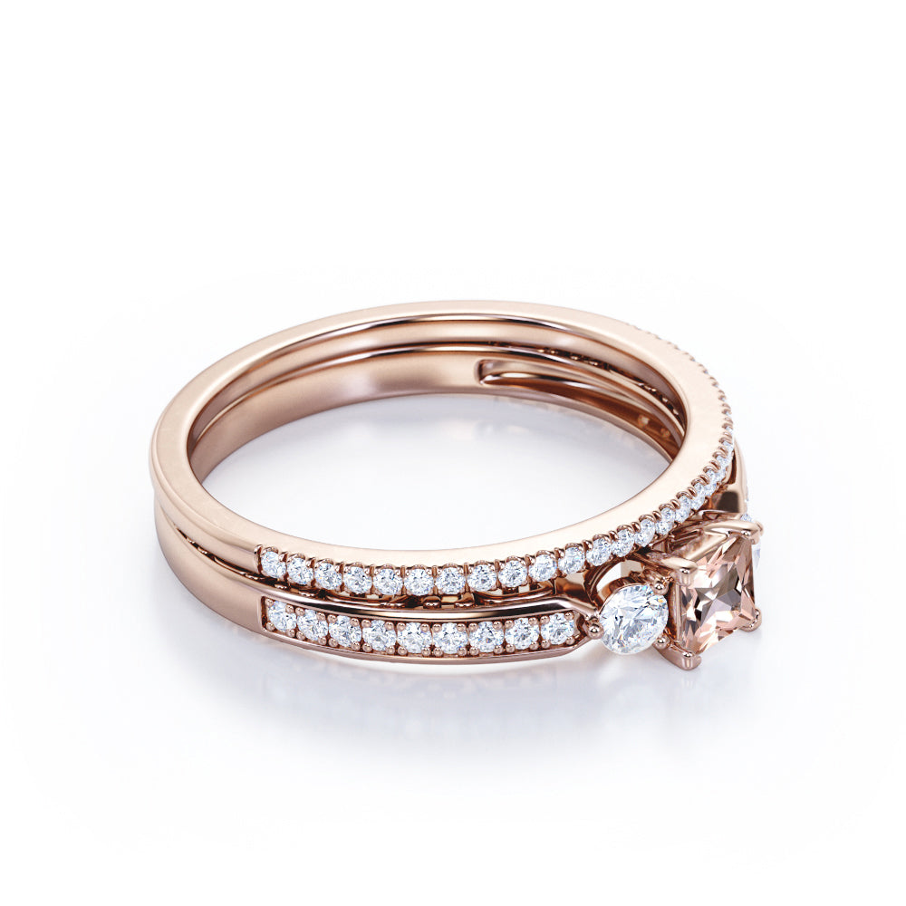 Antique trio 1 carat Princess cut Pink Morganite and pave diamonds eternity wedding ring set for her in Rose gold