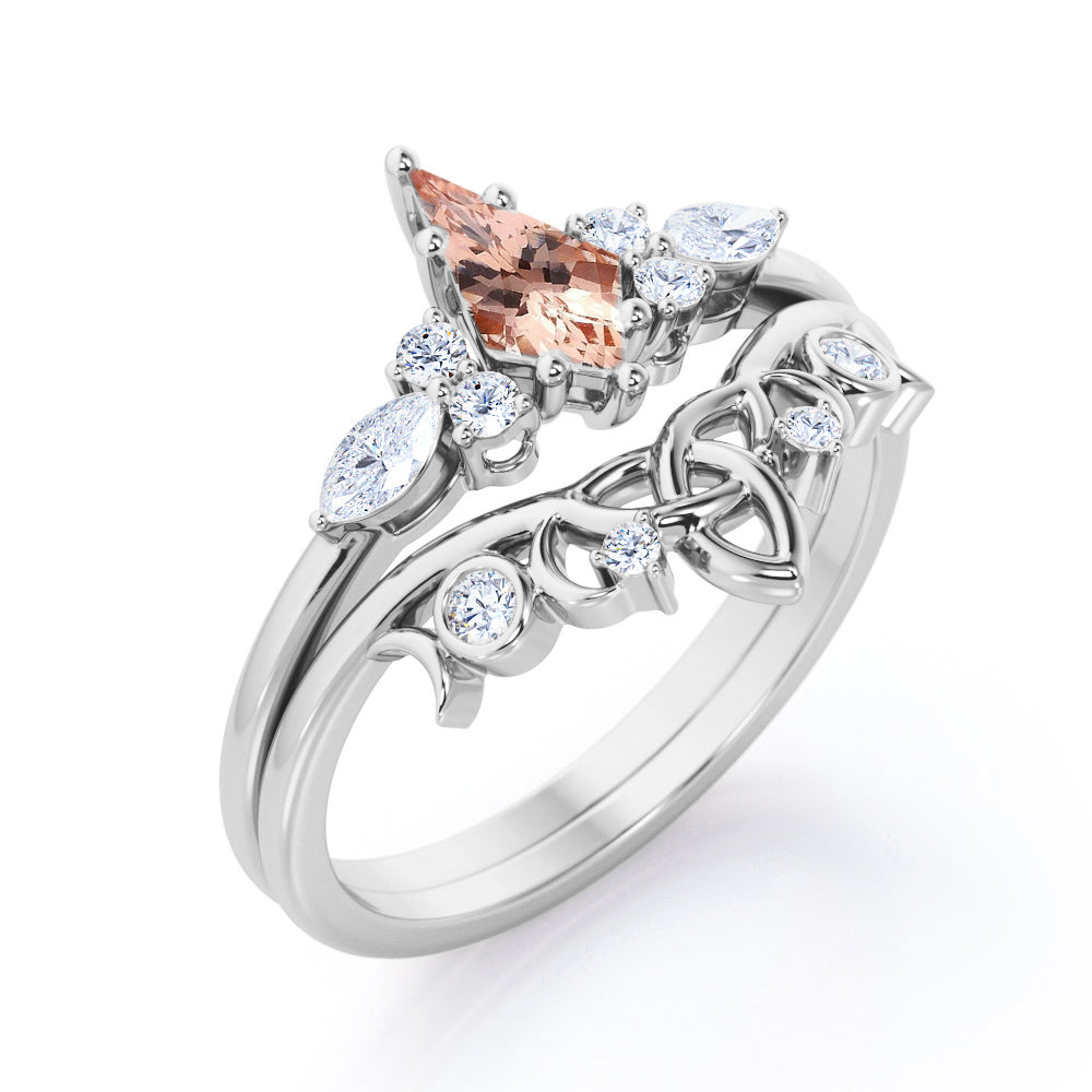 Triad Crown style 1.25 carat Kite shaped Morganite and diamond 6 prong setting wedding ring set in White gold