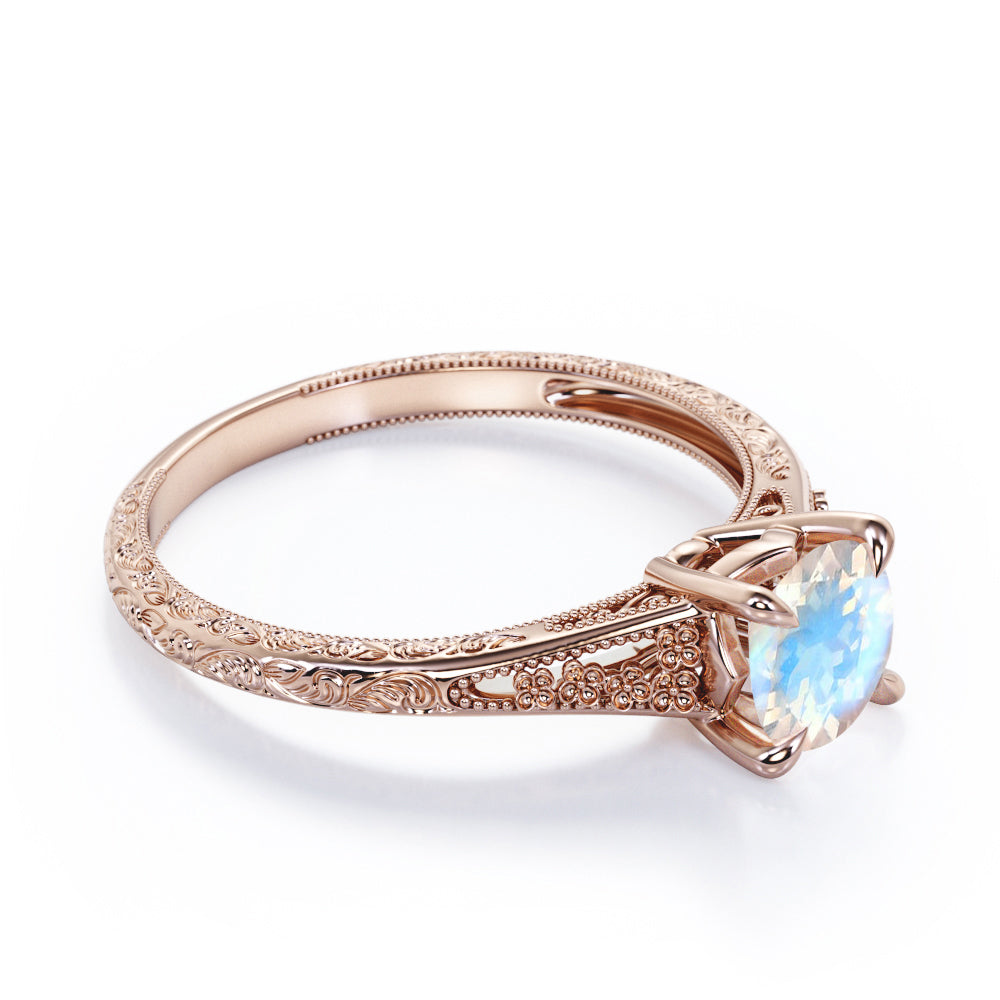 Solitaire 1 carat Round cut Moonstone claw prong setting-filigree split shank engagement ring in Rose gold