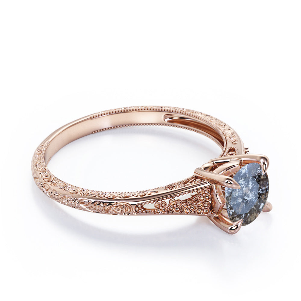 Floral Split Shank 0.5 carat Round cut Salt and pepper diamond earthy engagement ring in Rose gold