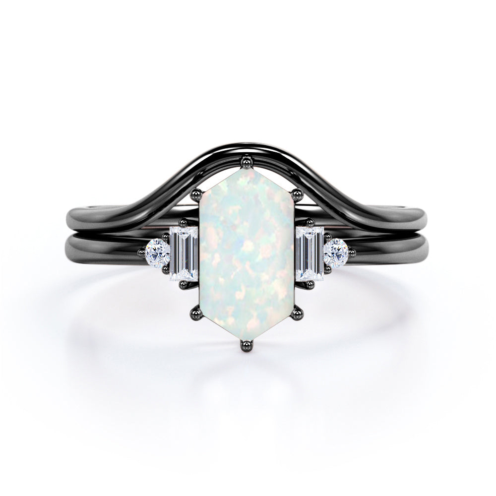 Magnificent 1.15 carat Hexagon cut Opal and diamond engagement ring with U-shaped wedding band in Black gold-Bridal set