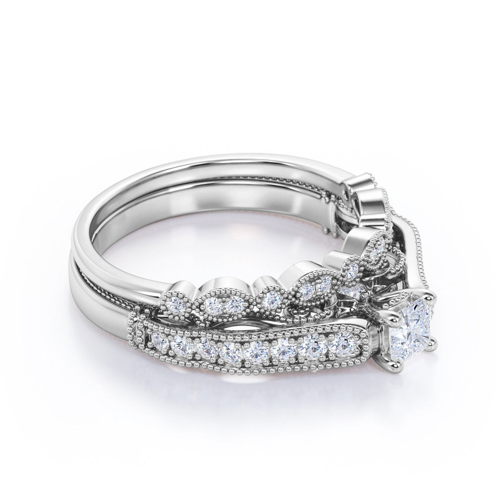 Vintage channel set 1.25 carat Round cut Moissanite and diamond art deco milgrain wedding ring set in white gold
