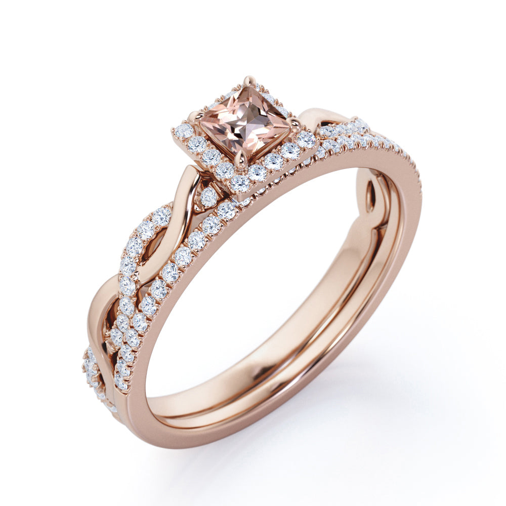 Unique Snake Twists 1 carat Princess cut Natural Morganite and diamond pave setting wedding ring set for women in Rose gold