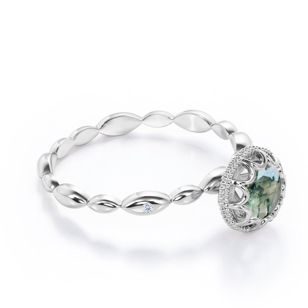 Exquisite infinity rope design 1 carat Round cut Moss Green Agate Scalloped halo engagement ring in White gold