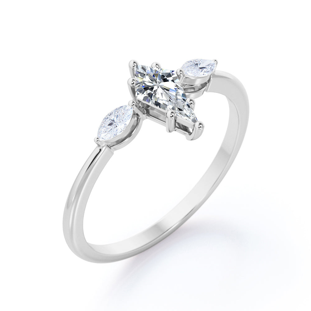 Unique 3 stone 1.1 carat Kite shaped Moissanite and marquise diamonds engagement ring in White gold