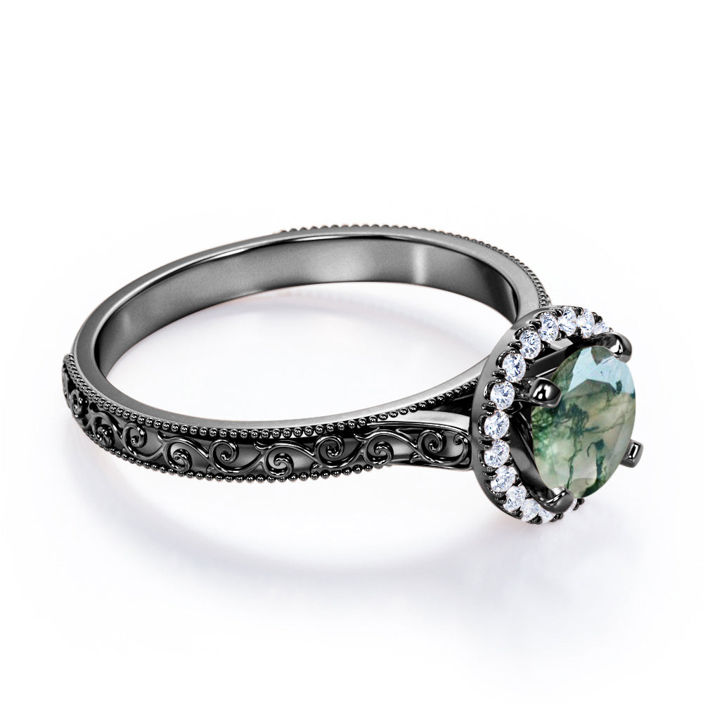 1.25 carat Round cut Moss Agate and diamond Edwardian filigree and halo engagement ring in Black gold