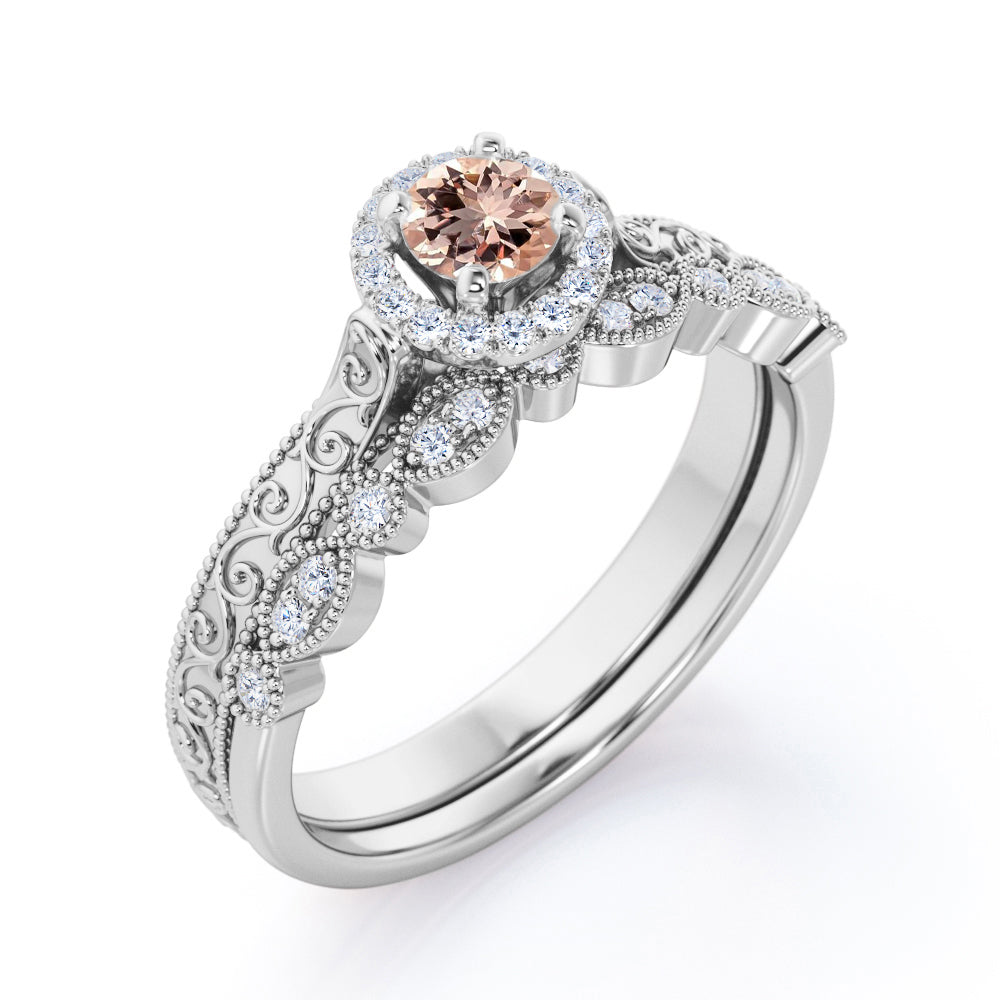 Antique Bridal 1 carat Round cut Morganite and diamond-Filigree and Milgrain-classic halo wedding ring set in White gold