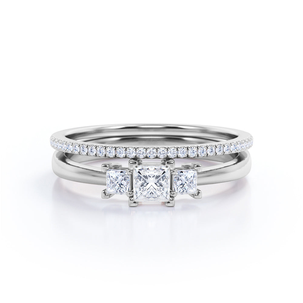 Antique Trilogy 0.85 carat Princess cut Moissanite and diamond eternity wedding ring set for women in White gold
