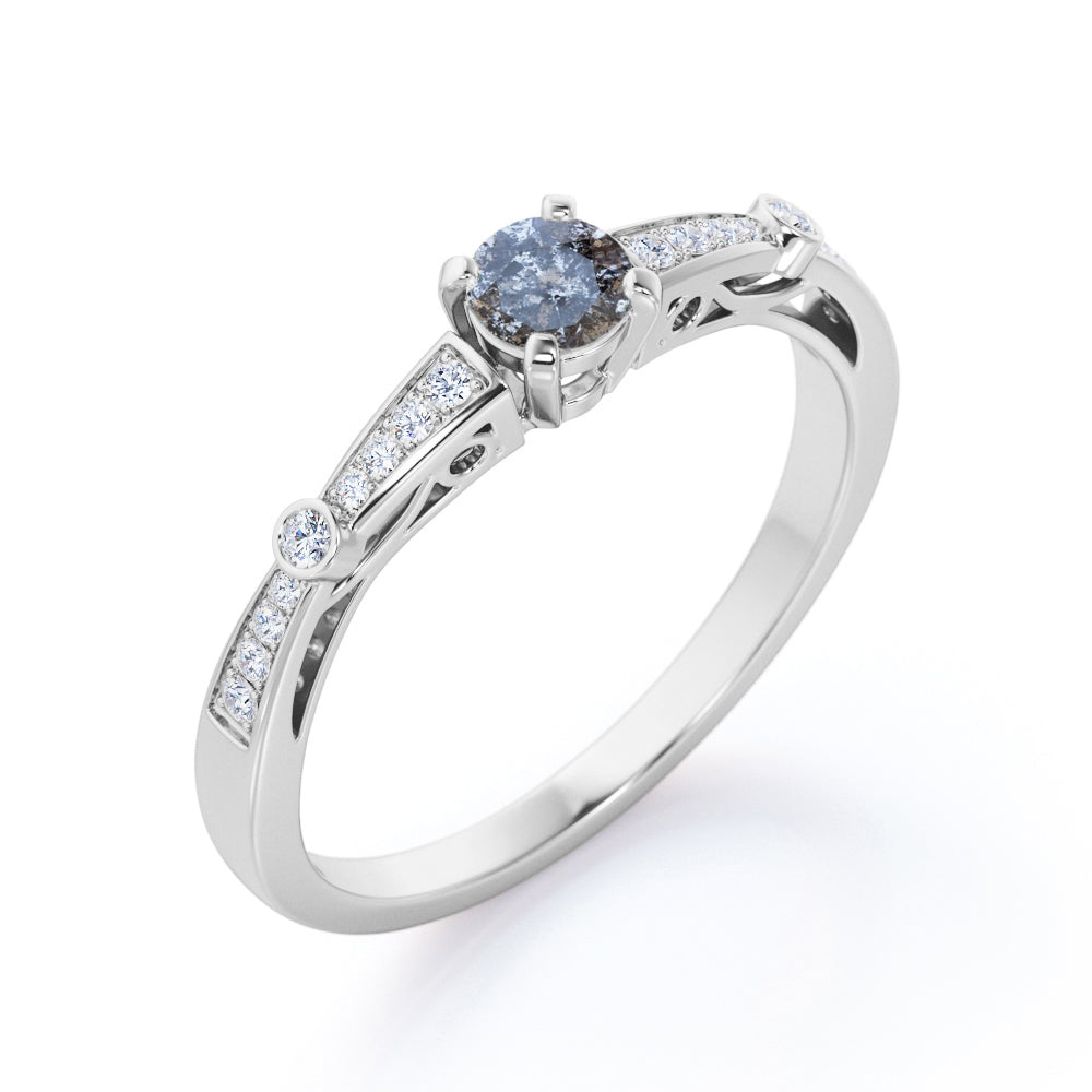 Baguette bands 0.65 carat Round cut Salt and pepper diamond and White diamond tapered style engagement ring in White gold