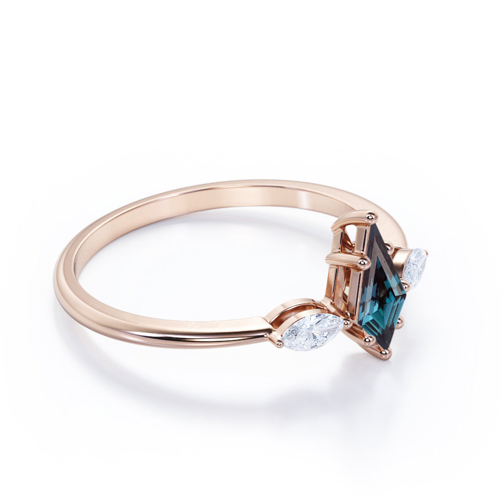 Unique trilogy 1.1 carat Kite shaped Lab created Alexandrite and diamond 6 prong engagement ring in Rose gold