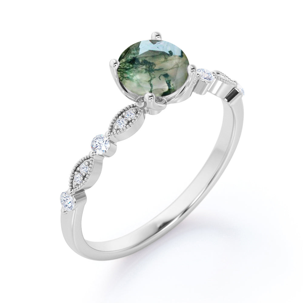 Classic art deco 1.1 carat Round cut Moss Green Agate and diamond engagement ring in White gold