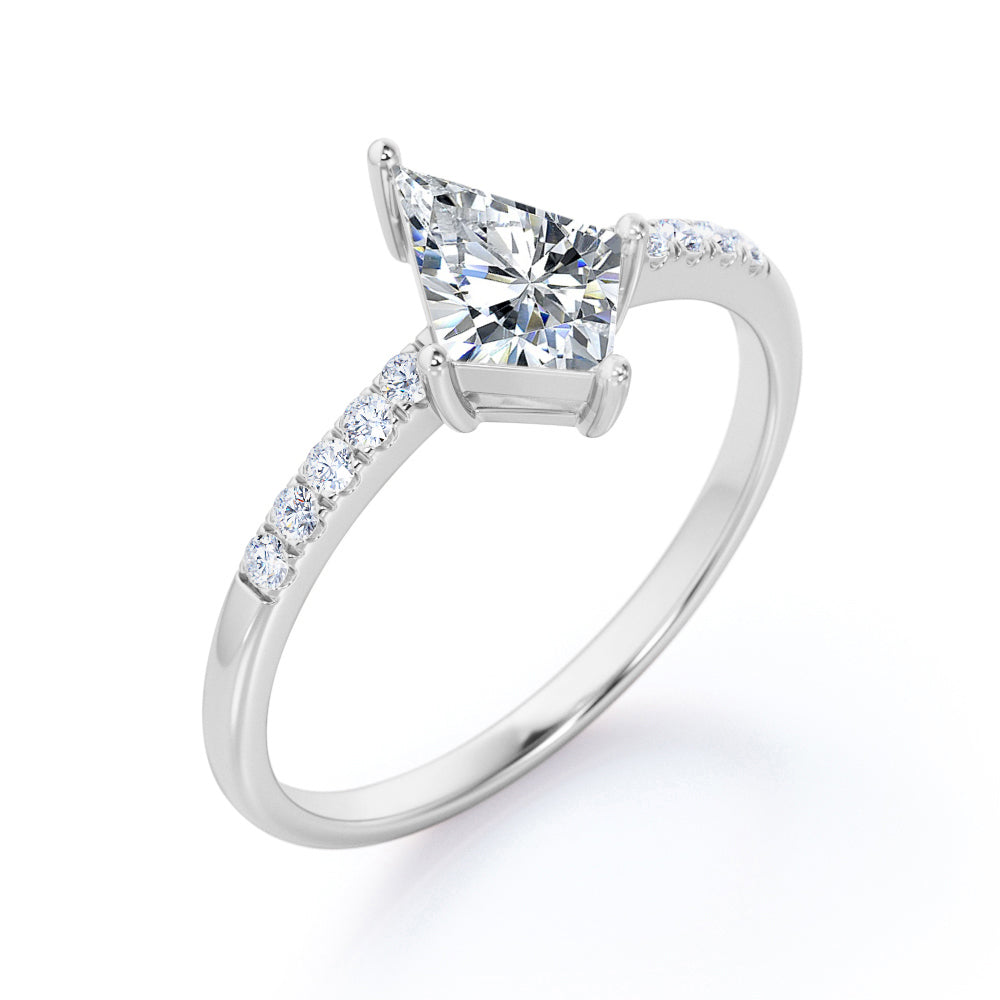 Pave style 1.1 carat Kite shaped Moissanite and diamond classic style engagement ring in white gold