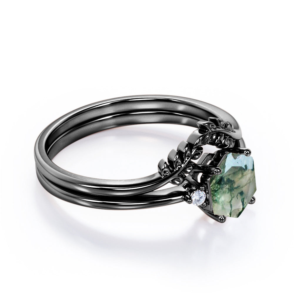 Earthy Three stone 0.55 carat Hexagon shaped Moss Green Agate and diamond antique style wedding ring set in Black gold