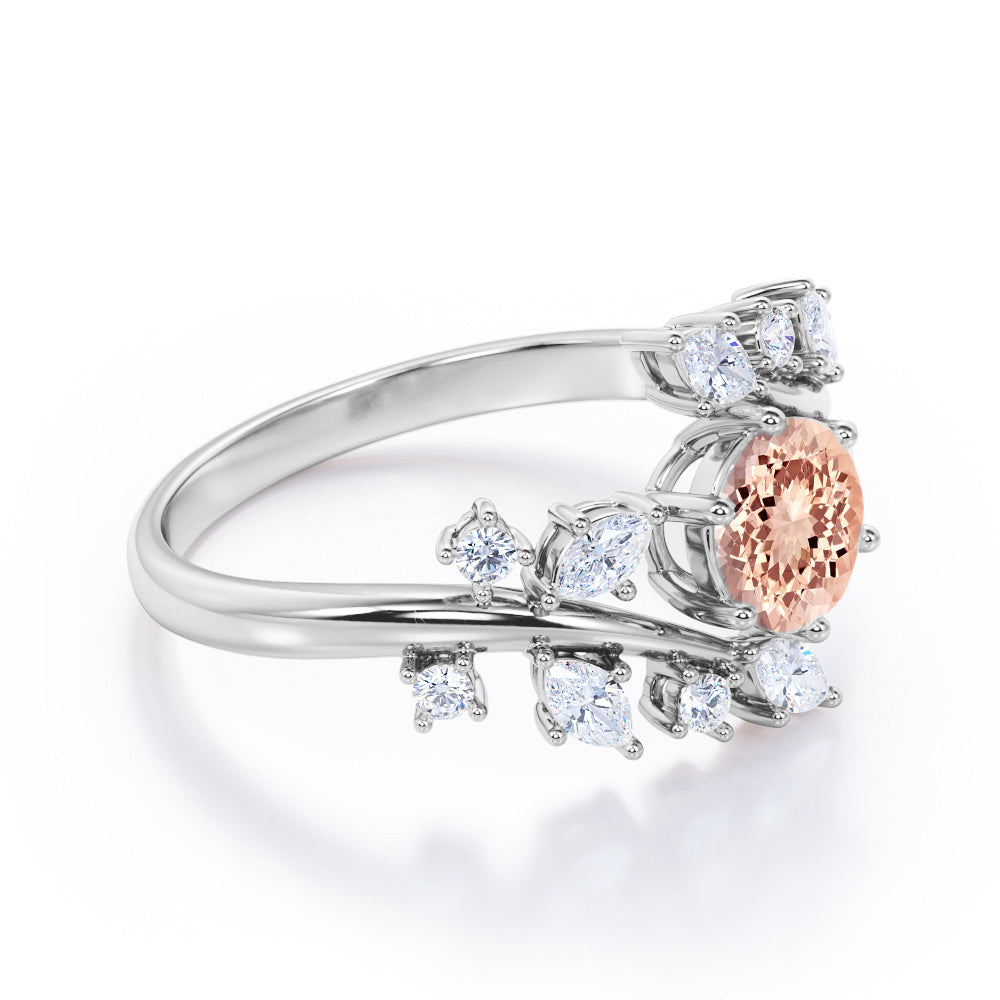 Open setting 1.25 carat Round cut Morganite and diamond floral inspired engagement ring in White gold