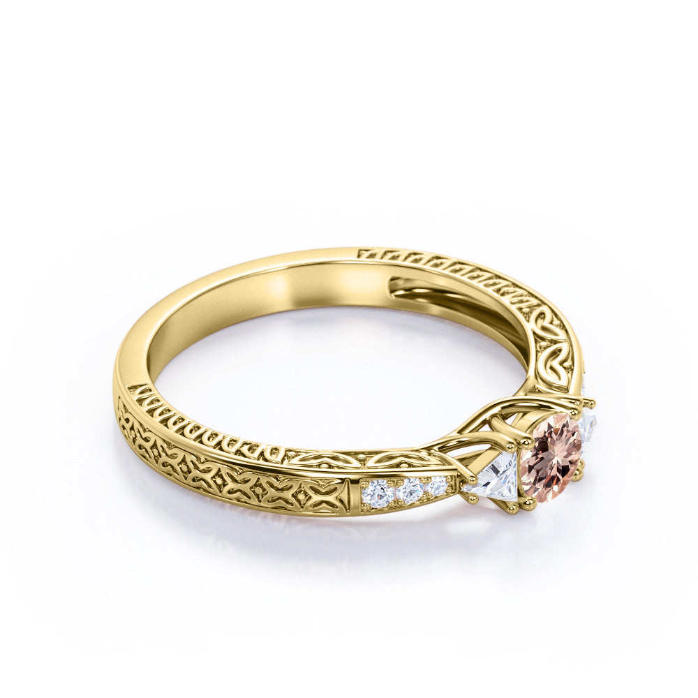 Trillion 0.75 carat Round cut Peach Morganite and diamond vintage baguette engagement ring in Yellow gold