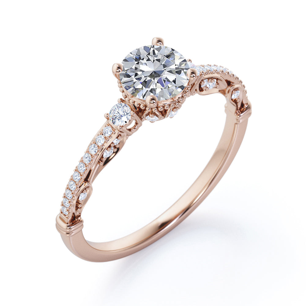 Triple stone 1.35 carat Round cut Moissanite and diamond art deco inspired engagement ring in Rose gold
