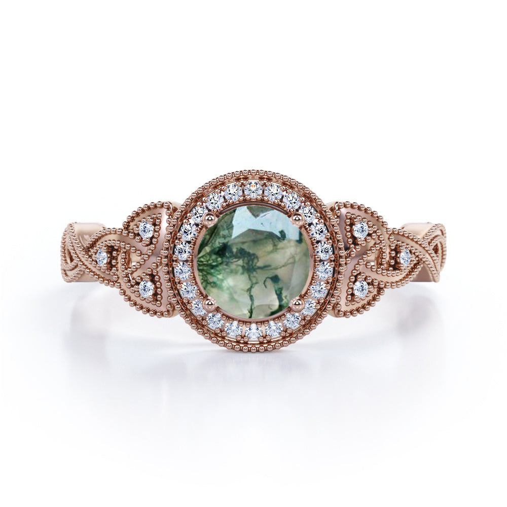 1.5 carat Round cut floral rope design Moss Green Agate and diamond halo engagement ring in Rose gold