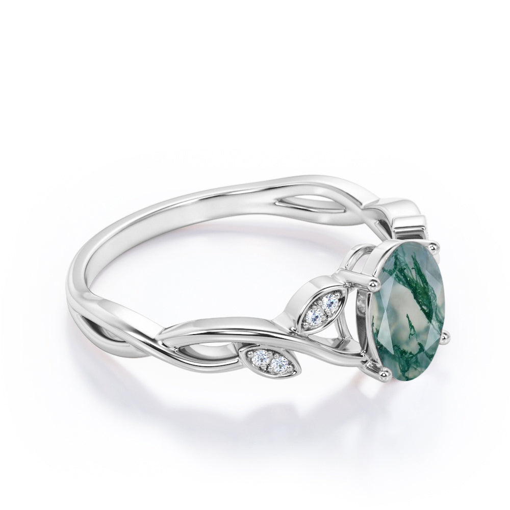 Floral Infinity 1.15 carat Oval cut Moss Green Agate and diamond vine and leaf engagement ring in White gold