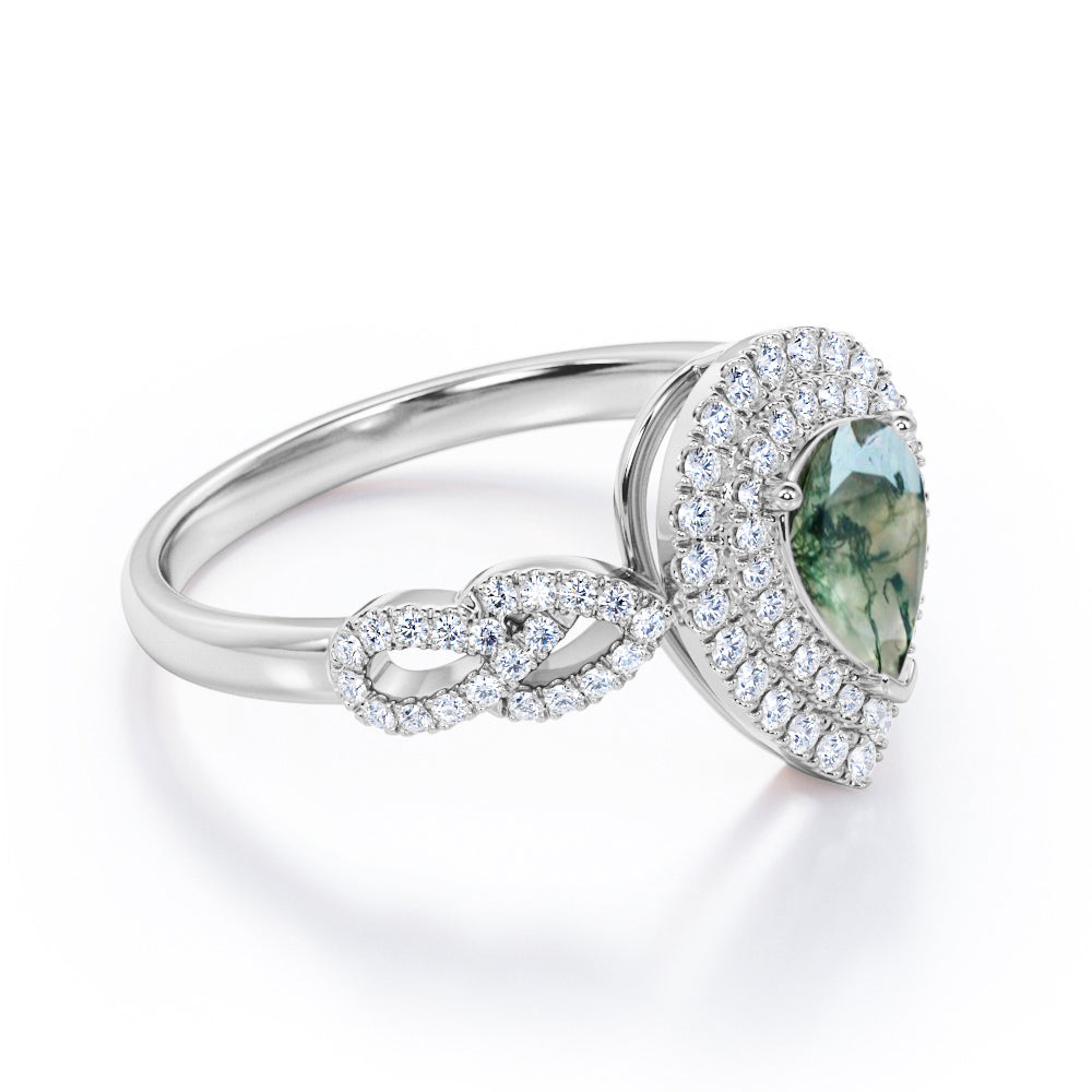 Floral infinity 1.7 carat Pear cut Moss Green Agate and diamond double halo engagement ring in White gold