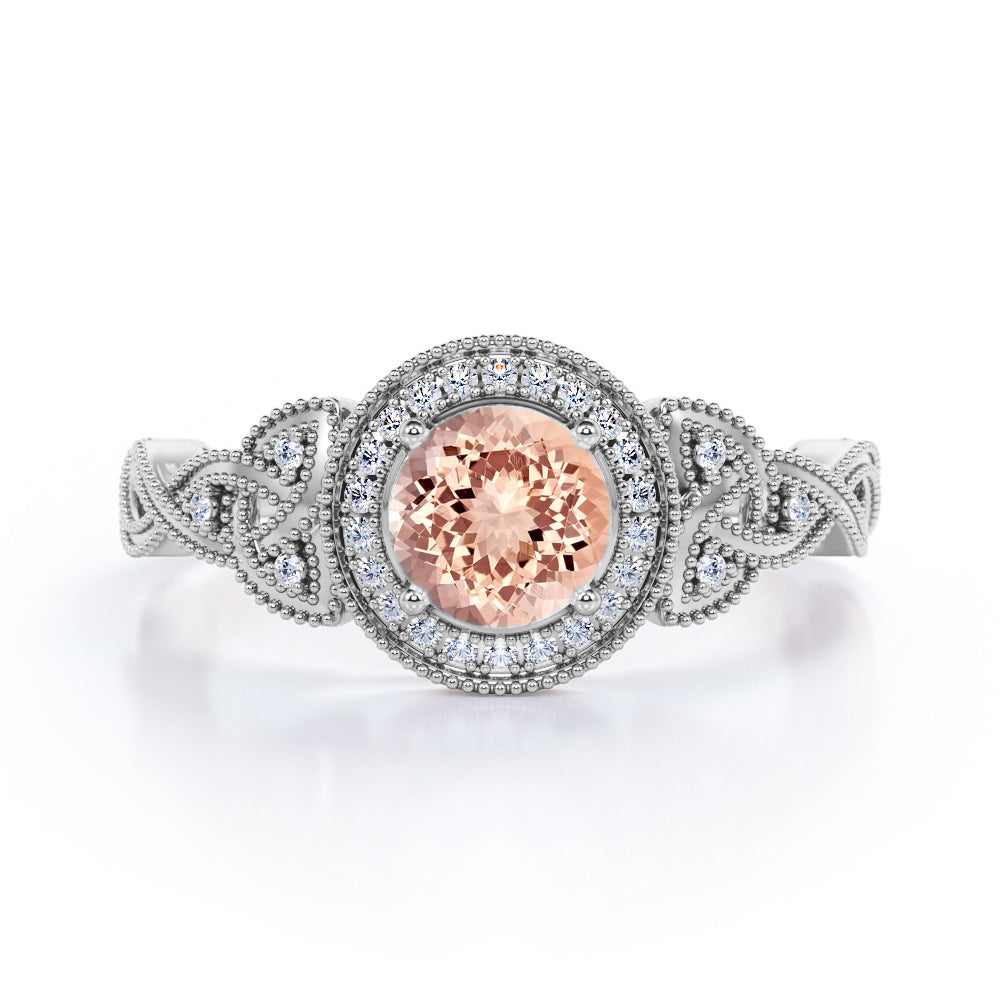 Twisted Vine 1.25 carat Round cut Peach Pink Morganite and diamond milgrain halo engagement ring in White gold