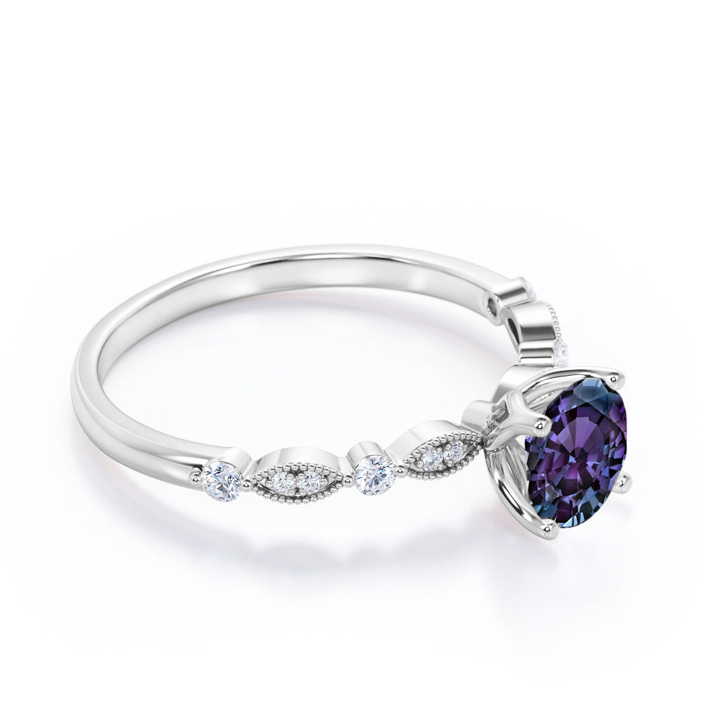 Authentic 1.1 carat Round cut Lab made Alexandrite and diamond-Milgrain-classic prong engagement ring in White gold