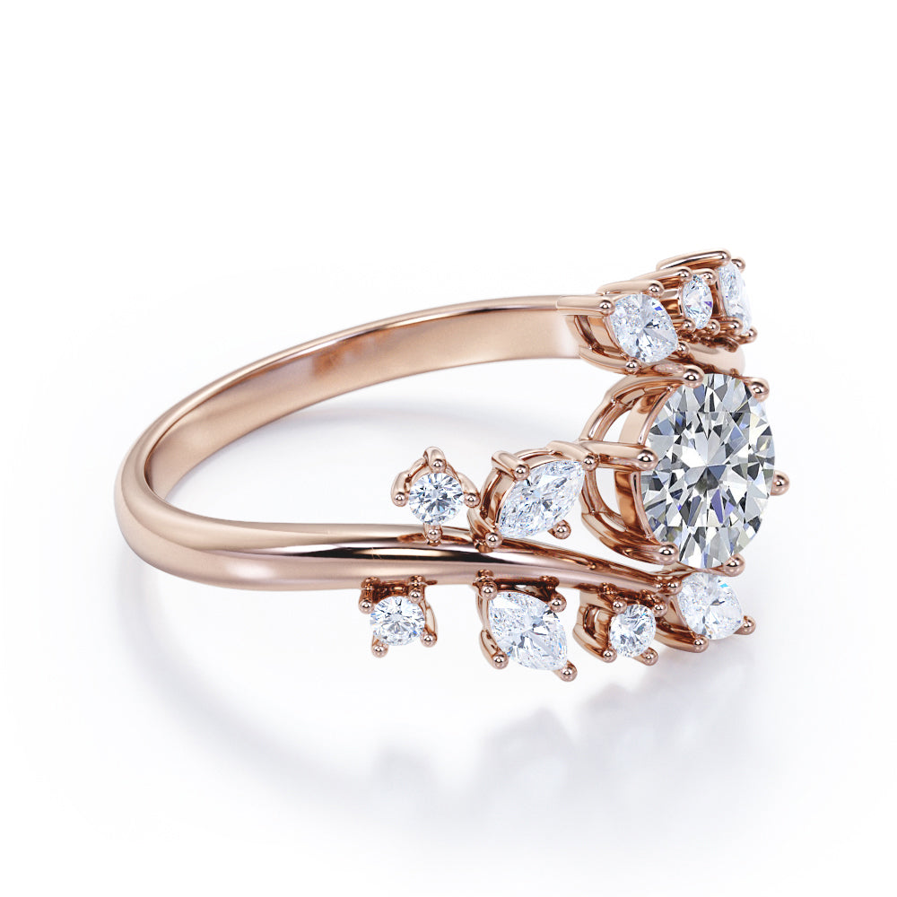 Art nouveau style 1.25 carat Round cut Moissanite and diamond floral engagement ring in Rose gold