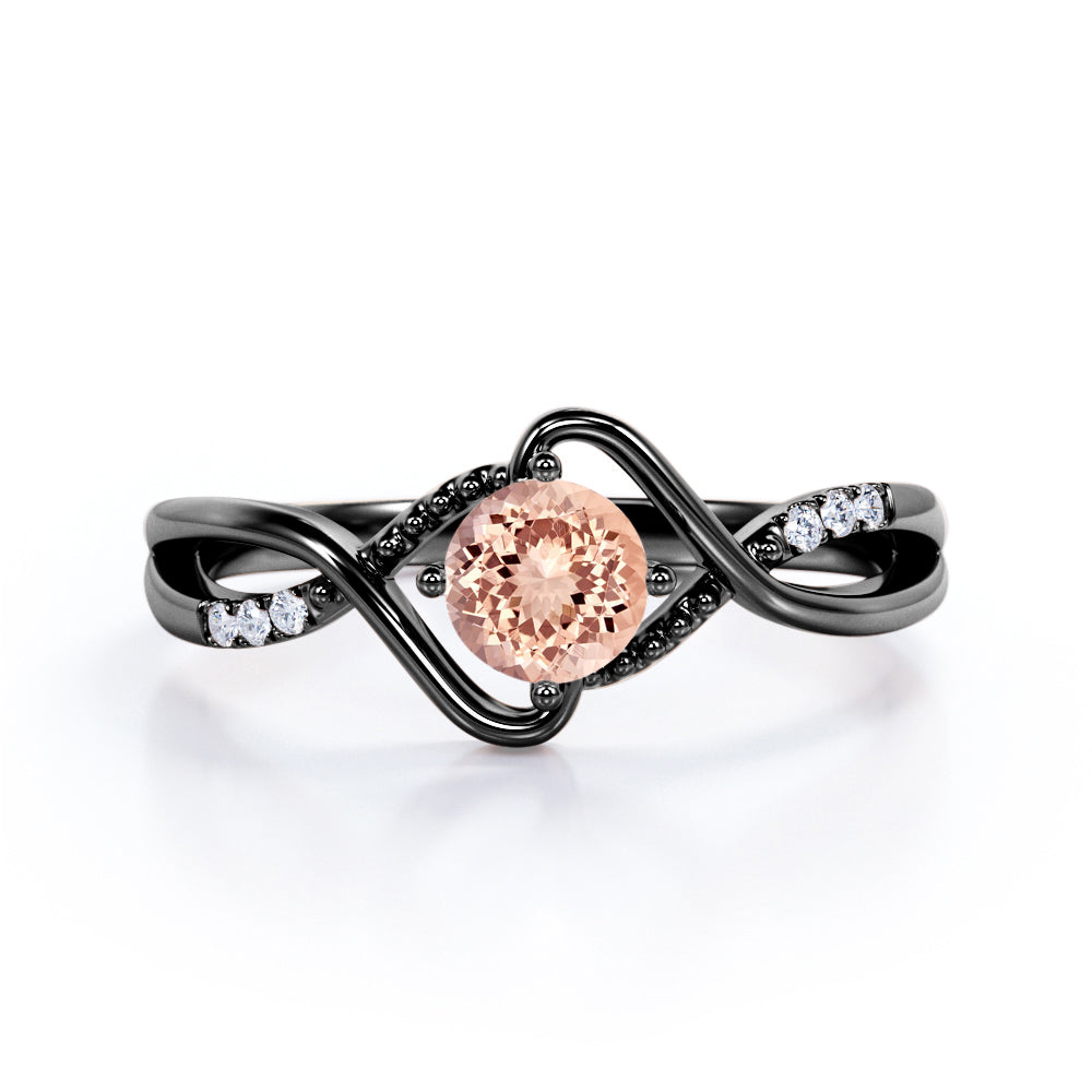Infinity Twisted 1.15 carat Round cut Morganite and diamond Milgrain anniversary ring for women in Black gold