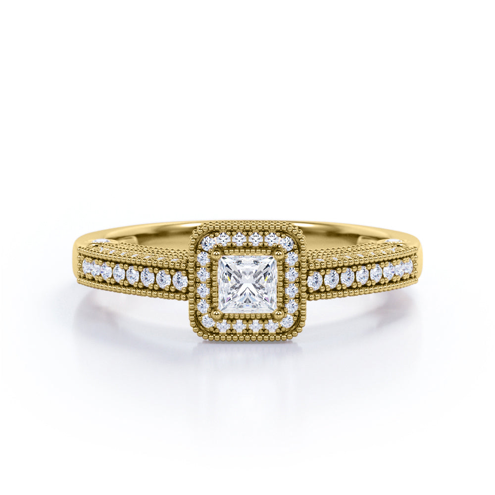 Classic Beaded 1 carat Princess cut Moissanite and diamond vintage style engagement ring in White gold