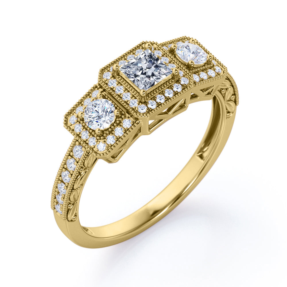 Grandiose three stone 1.55 carat Princess cut Moissanite and diamond vintage art deco Bridal set in White gold