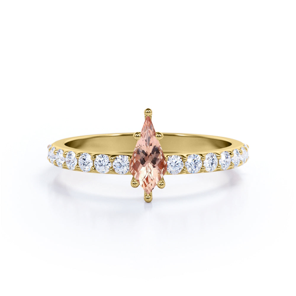 Modern Pave 1.25 carat Kite shaped Pink Morganite and diamond prong style promise ring in Rose gold