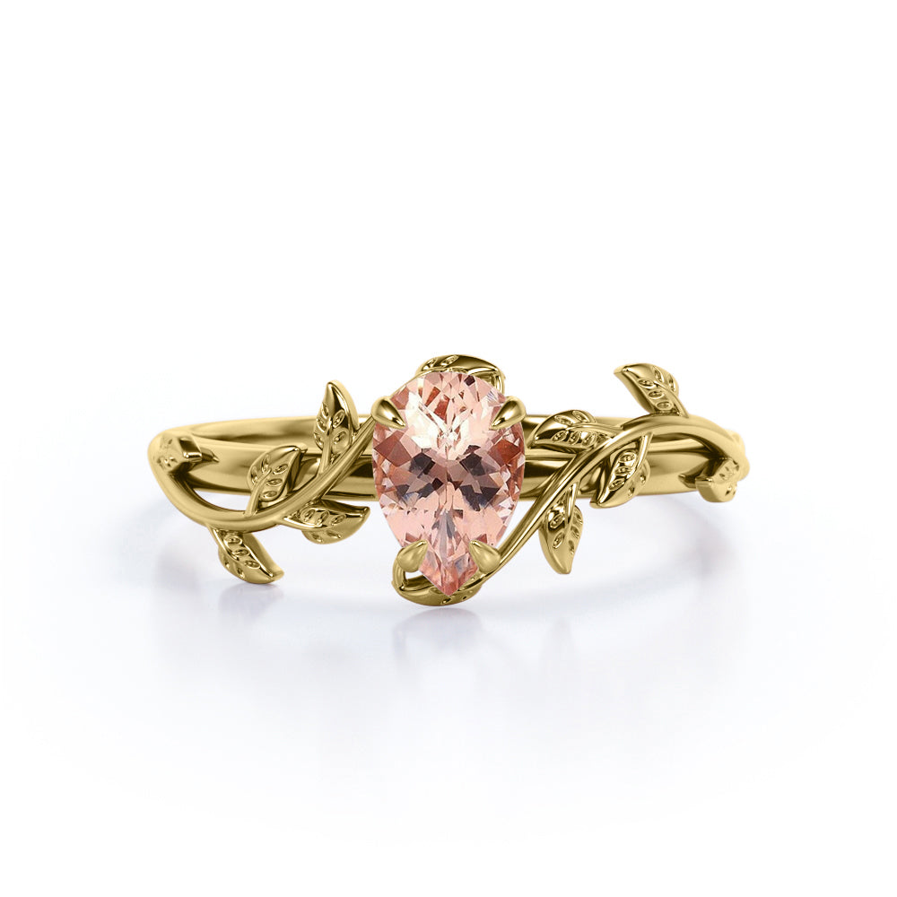 Antique Solitaire 1 carat Pear cut Morganite 4 prong setting Engagement ring for women-Promise ring