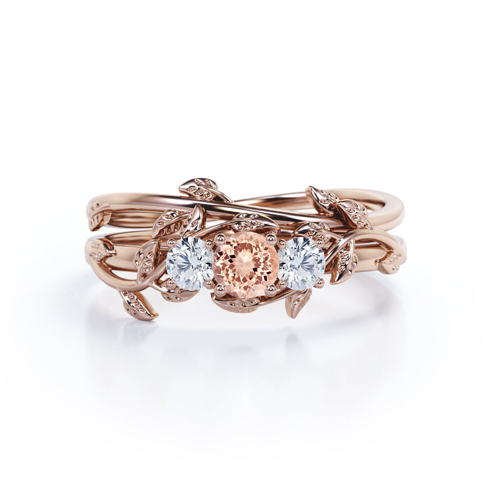 Antique Nature inspired 1.1 carat Round cut Pink Morganite and 2 stone diamond vine wedding ring set in White gold