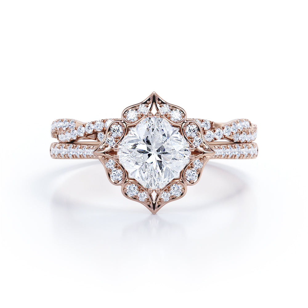 Cluster halo 1.6 carat Cushion cut moissanite and diamond pave wedding ring set in Whit gold