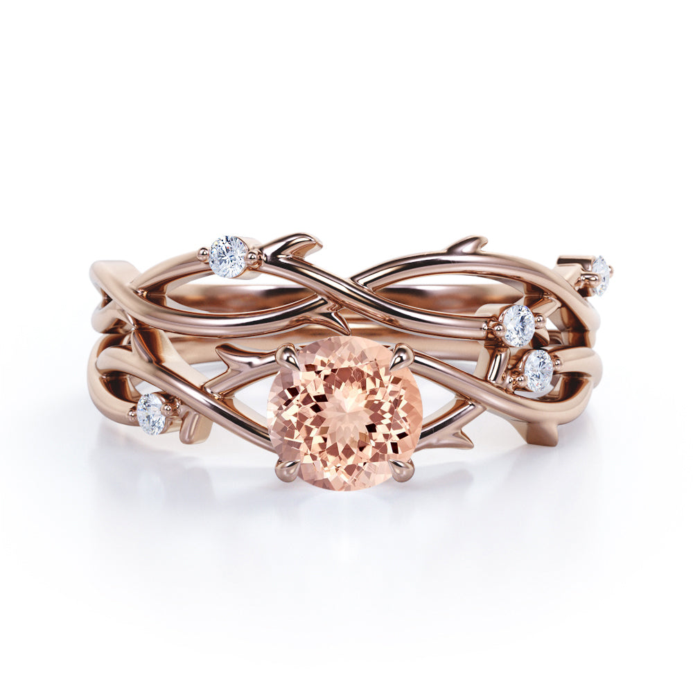 Twig and Vine inspired 1.1 carat Round cut Morganite and diamond earthy wedding ring set in Black gold