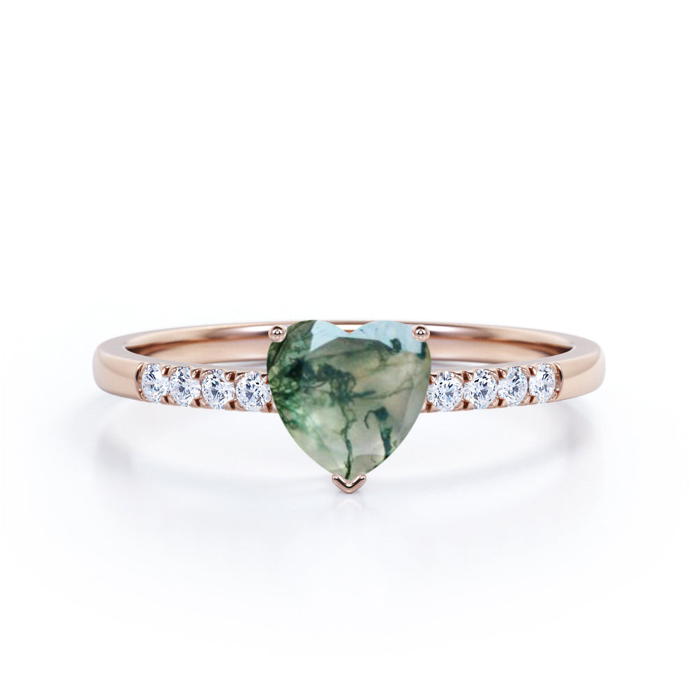 Vintage Pave 1.2 carat heart shaped Moss Green Agate and diamond eternity engagement ring in Black gold