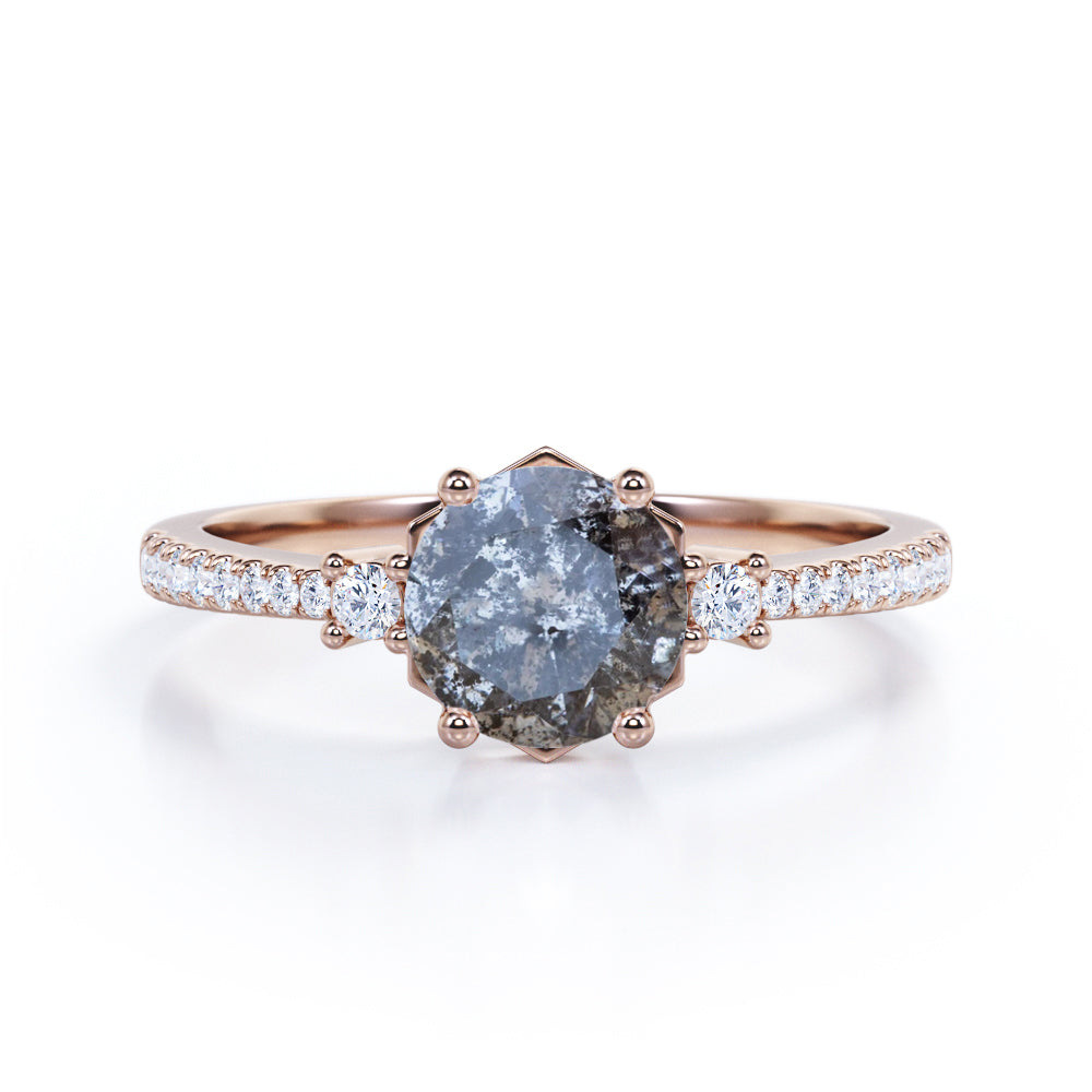 Basket Prong style 0.75 carat Round cut Salt and pepper diamond and White diamond-trio stone-eternity engagement ring in White gold