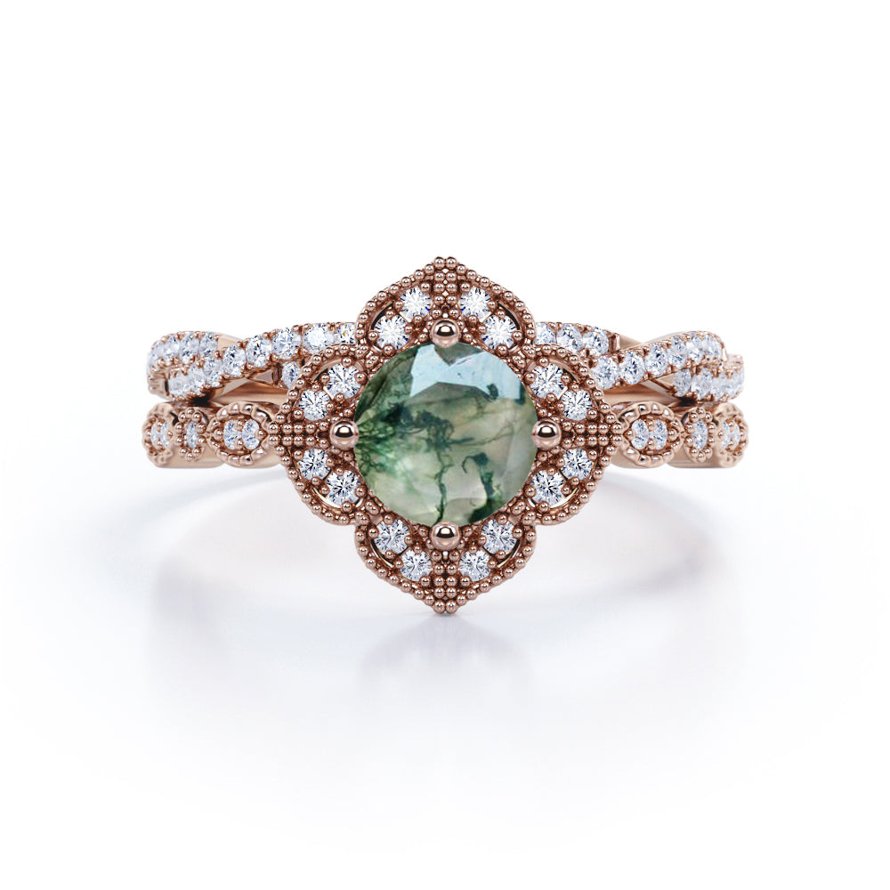 Cluster Flower style 1.55 carat Round cut Moss Green Agate Milgrain Engagement ring with Infinity diamond wedding band for women - Wedding ring set