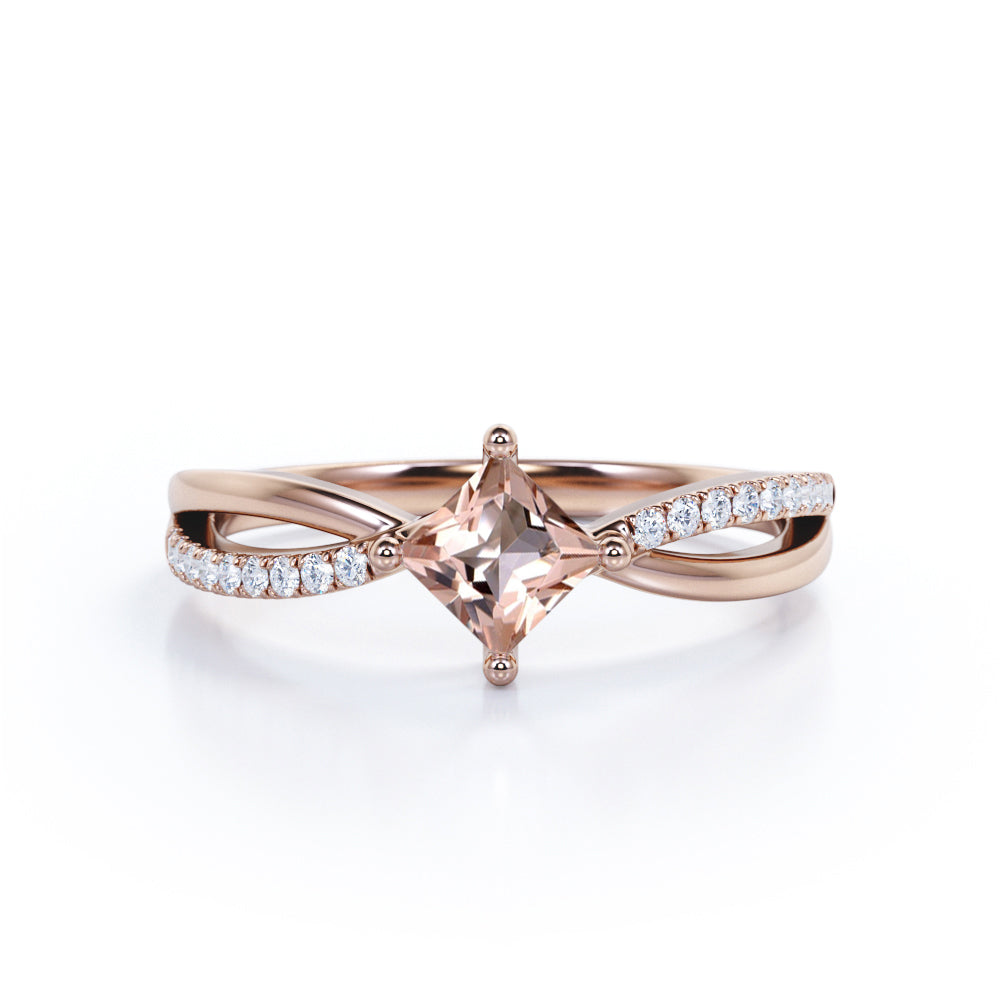 Exquisite 1.25 carat Princess cut Morganite and diamond - compass prong setting - Split Shank engagement ring for women