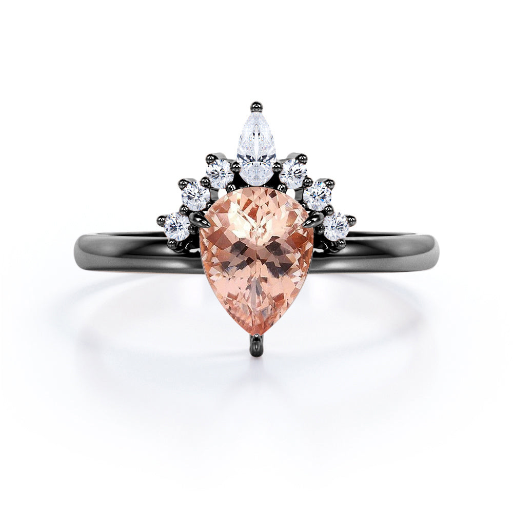 Lovely Tiara 1.15 carat Pear Shaped Peach Pink Morganite and diamond vintage engagement ring in White gold