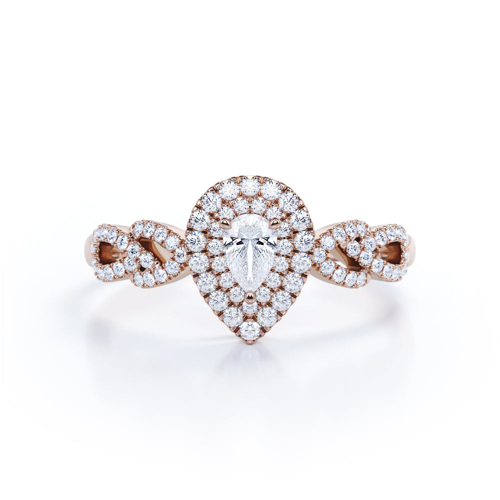 Stylish leaf inspired 0.75 carat Pear cut diamond double halo pear engagement ring in White gold