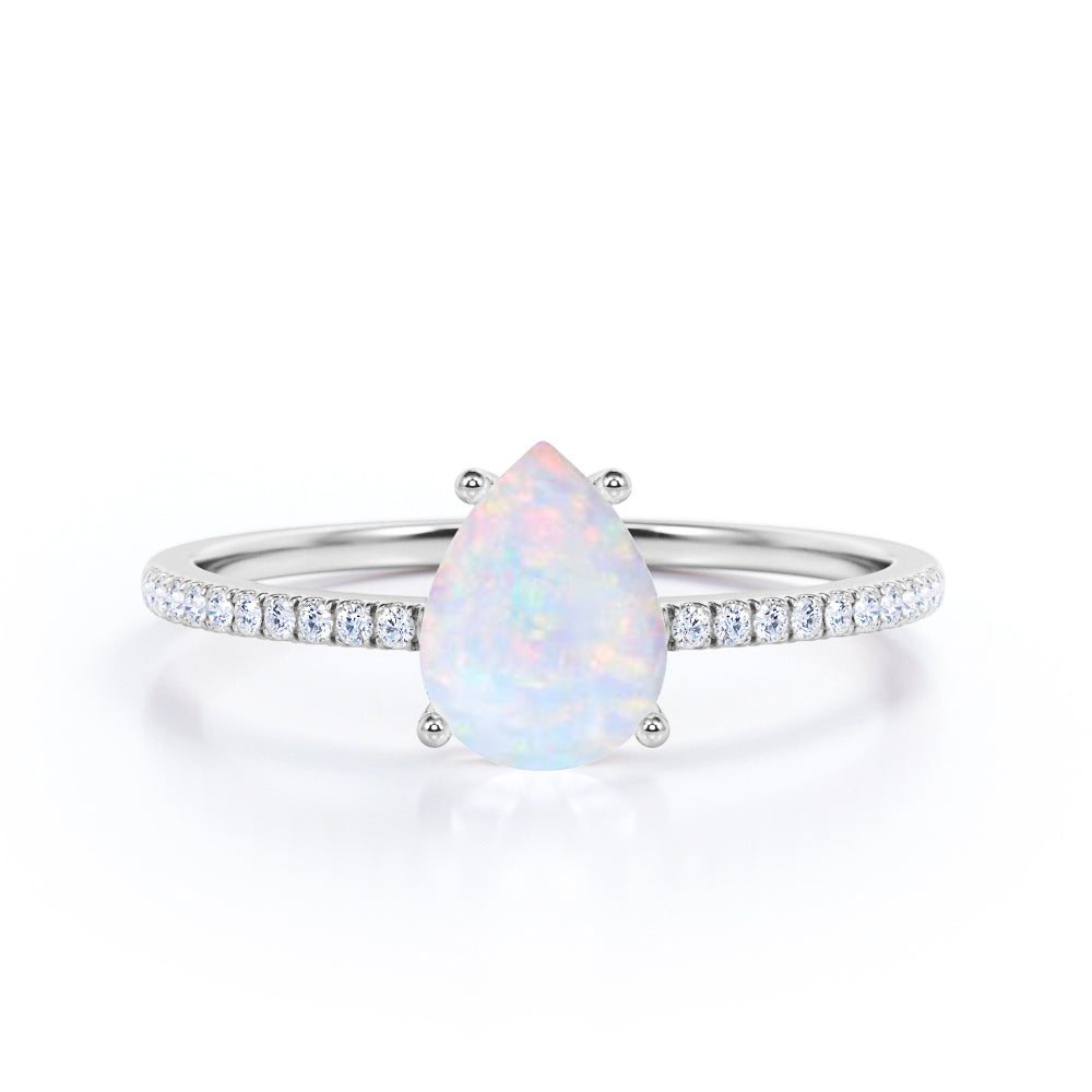 Classic Pave 1.20 carat Pear cut Opal and diamond vintage style engagement ring in Black gold