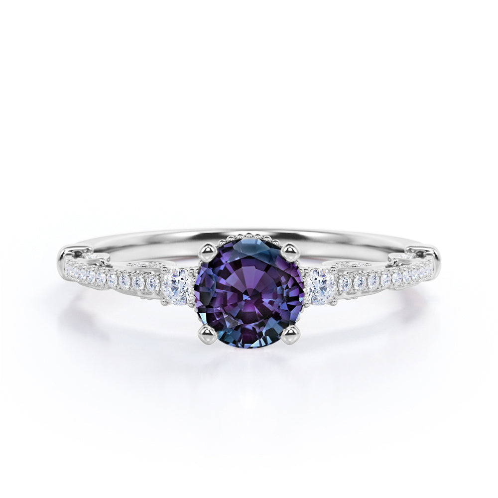 Authentic Scrollwork 1.35 carat Round cut Lab made Alexandrite and diamond eternity engagement ring in Black gold