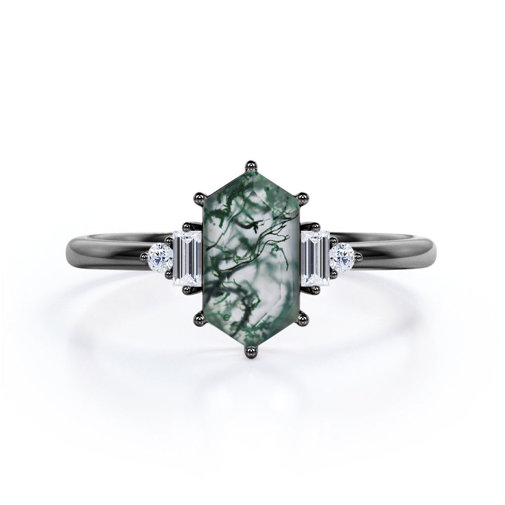 Eccentric 5 stones 1.1 carat Hexagon shaped Moss Green Agate and diamond anniversary ring in White gold