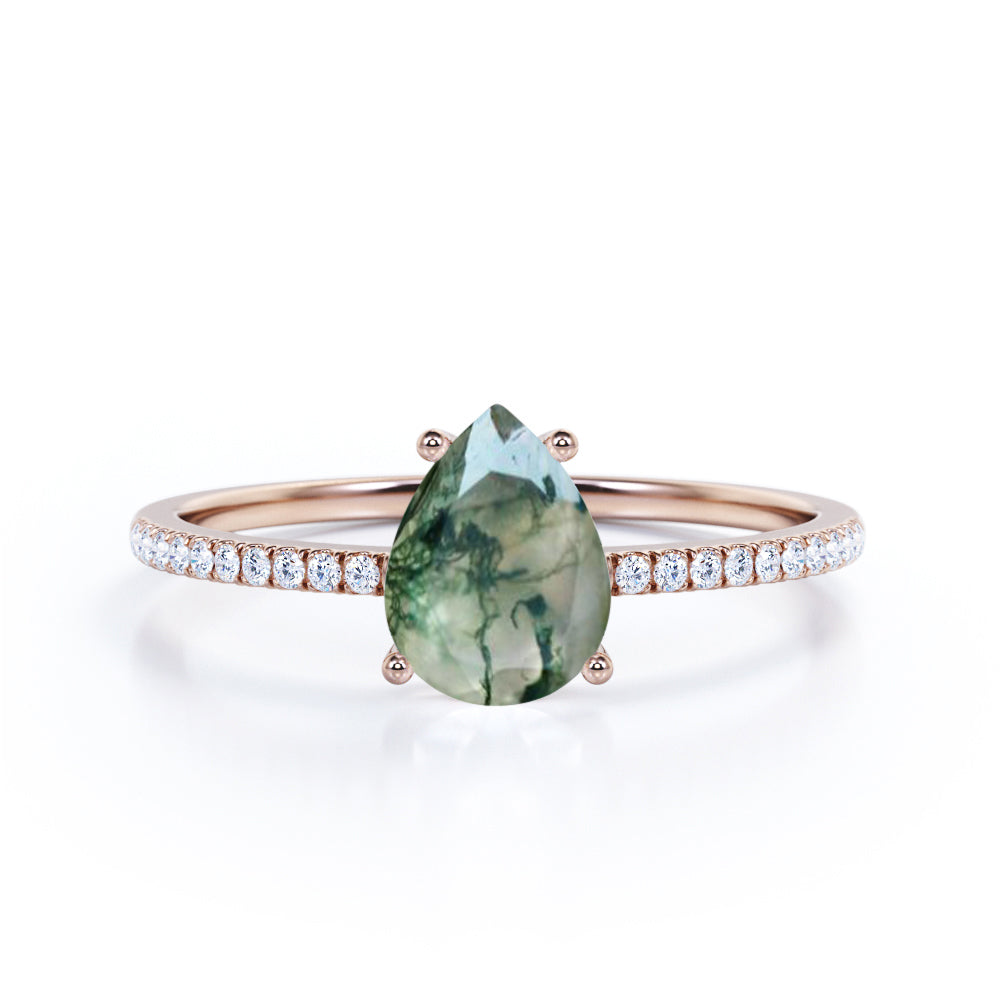 Simple Basket set 1.25 carat Pear shaped Moss Green Agate and diamond engagement ring in White gold