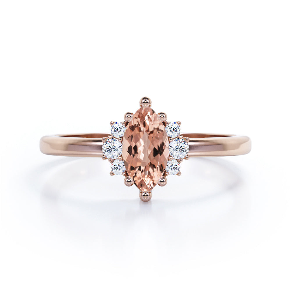 Butterfly style inspired 1.15 carat Marquise shaped Morganite and diamond floral engagement ring in White gold