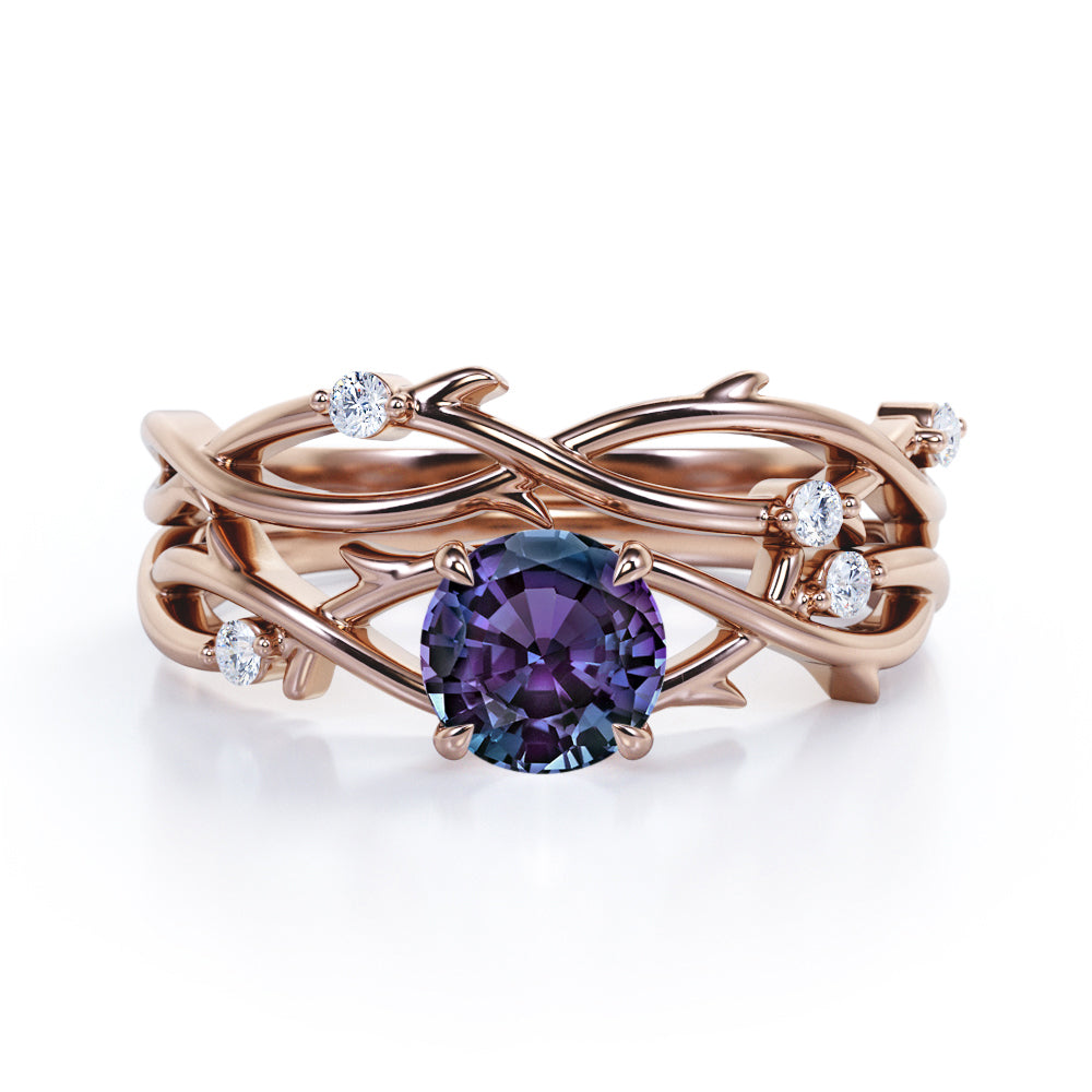 Twig Branch Bands 1.1 carat Round cut Synthetic Alexandrite and diamond art deco wedding ring set in Black gold